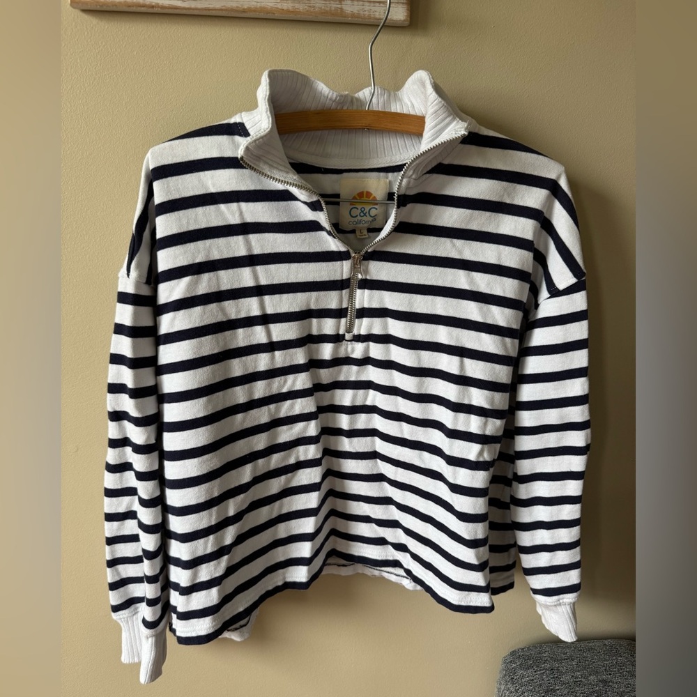 C&C California half Zip-Up Sweater - Navy and White Stripes with collar